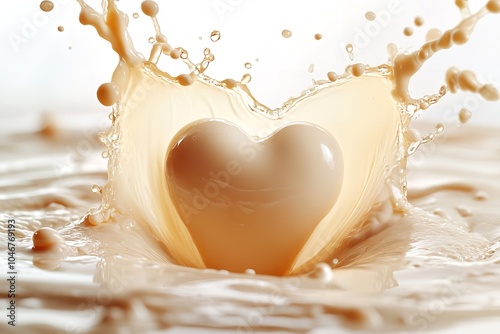 Milk splashes forming circular and heart shapes, isolated against a white background.