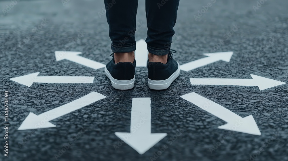 custom made wallpaper toronto digitalA person stands at a crossroads marked with arrows on the pavement, symbolizing choices and directions in life. This image captures the essence of uncertainty and decision-making.