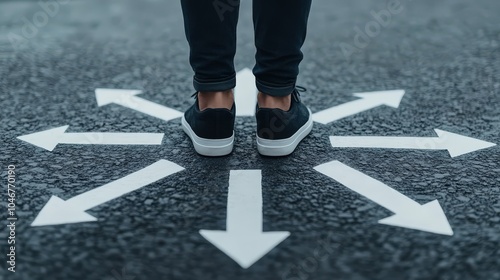 A person stands at a crossroads marked with arrows on the pavement, symbolizing choices and directions in life. This image captures the essence of uncertainty and decision-making.
