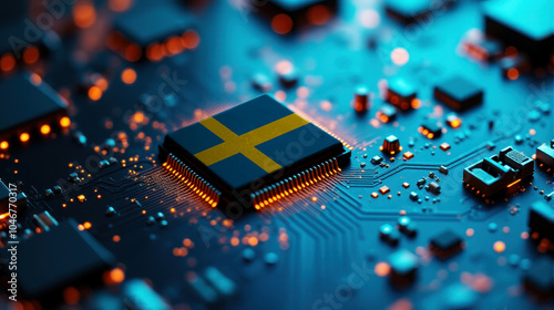 A Sweden themed chip is placed on a detailed circuit board, with glowing connections that emphasize influence in electronics, computing, and tech innovation.