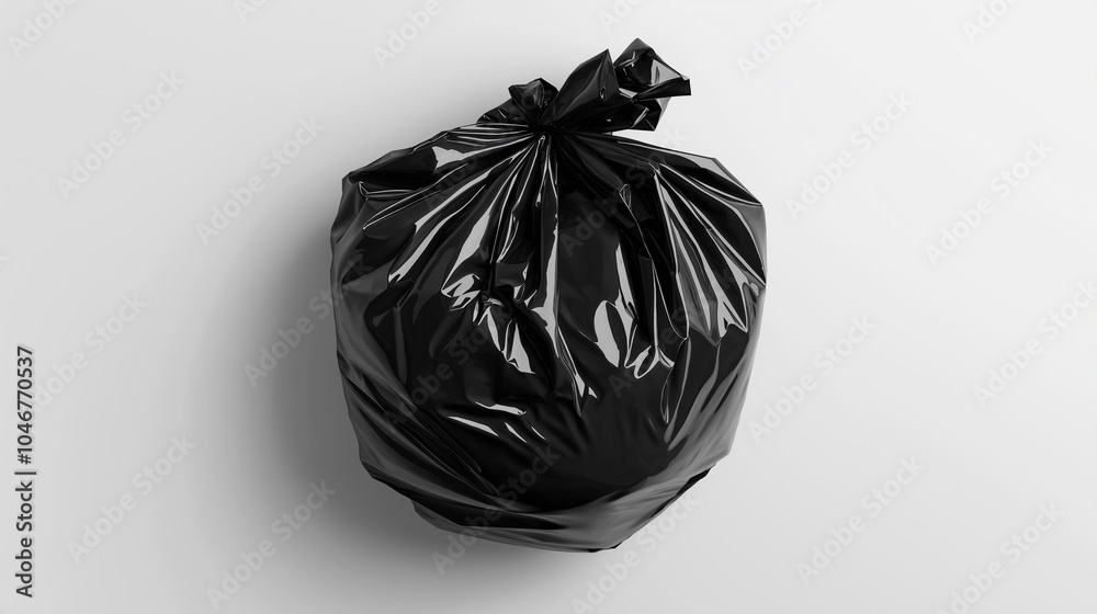 A black garbage bag tied at the top, isolated against a white background.