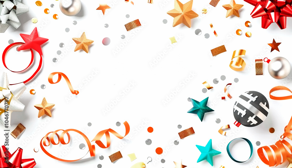 Obraz premium Banner template with confetti, balloons and ribbons. Concept for holidays, New Year, Christmas, marketing. Copy space.