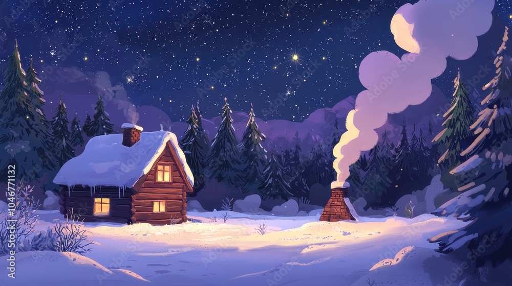 Fototapeta premium Cozy Cabin in Snowy Forest with Gentle Smoke