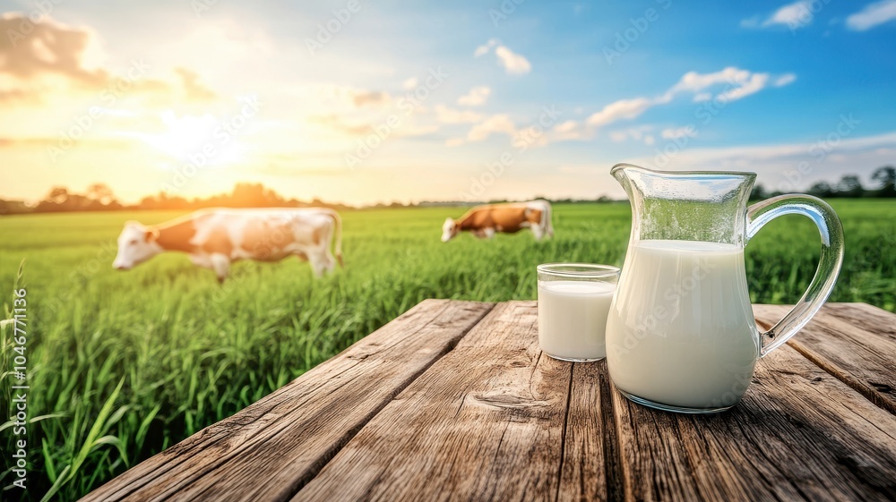 Fresh milk from pitcher into the glass with grass field and cows with a natural background,fresh milk ad template banner,Cows live on natural pastures, packaging with milk packs concept. Fresh milk from pitcher into the glass with grass field and cows with a natural background,fresh milk ad template banner,Cows live on natural pastures, packaging with milk packs concept.