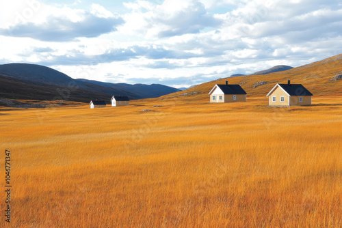 Isolated houses in golden grass field, rural landscape with mountains in background