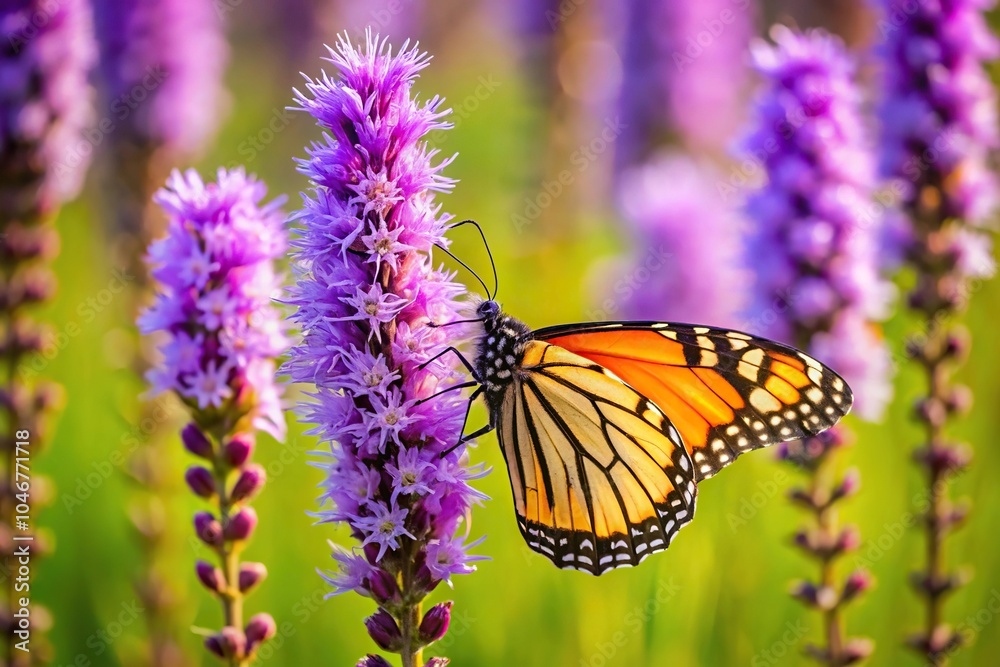 Obraz premium monarch butterfly pollinating purple prairie blazing star flower in garden macro