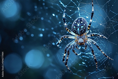 Black and white spider rests on its web in a serene garden, waiting patiently for prey
