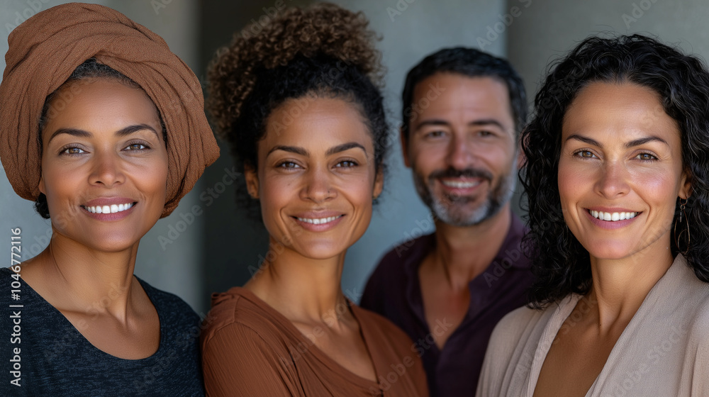 Obraz premium A group portrait of five friendly office colleagues of different ethnicities, arranged in a line, smiling and making eye contact with the camera. The image captures their approacha