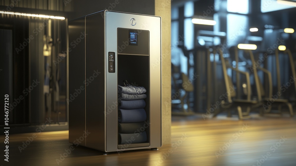 A sleek locker with neatly folded towels, designed for gym or fitness center use. A sleek locker with neatly folded towels, designed for gym or fitness center use.