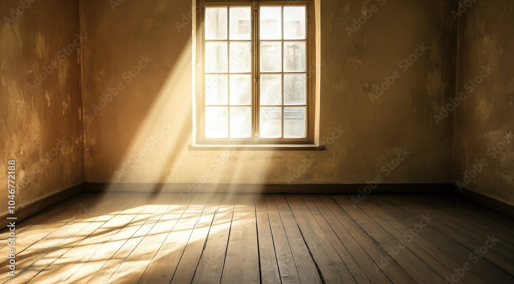 Pièce vide, ancienne, rustique, avec un plancher en bois, des murs marron et la lumière du soleil traversant la fenêtre. Pièce vide, ancienne, rustique, avec un plancher en bois, des murs marron et la lumière du soleil traversant la fenêtre.