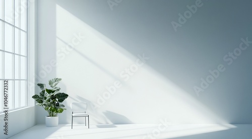 Pièce d'habitation vide minimaliste avec mur blanc une chaise, une plante verte et lumière du soleil traversant la fenêtre. photo