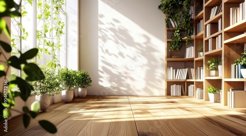 Pièce vide dune maison d'habitation, style scandinave, sobre et épurée avec plancher en bois, mur blanc, fenêtre, bibliothèque et plante verte, lumière du soleil traversante. photo