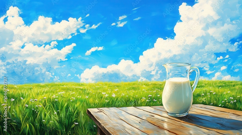 Fresh milk from pitcher into the glass with grass field and cows with a natural background,fresh milk ad template banner,Cows live on natural pastures, packaging with milk packs concept.
