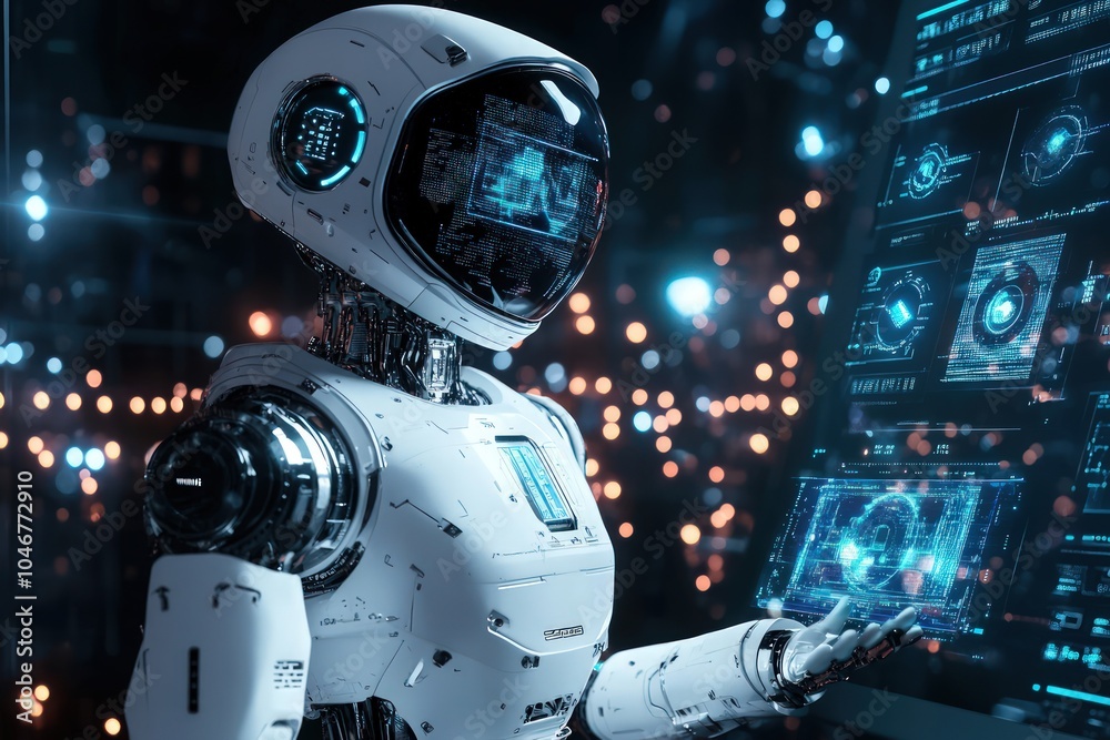 Futuristic AI robot analyzing data from holographic interfaces in space Futuristic AI robot analyzing data from holographic interfaces in space