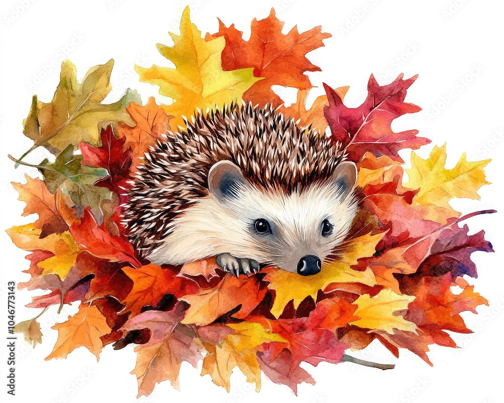 Fototapeta premium A cute hedgehog nestled among colorful autumn leaves, capturing the essence of fall and nature's beauty.