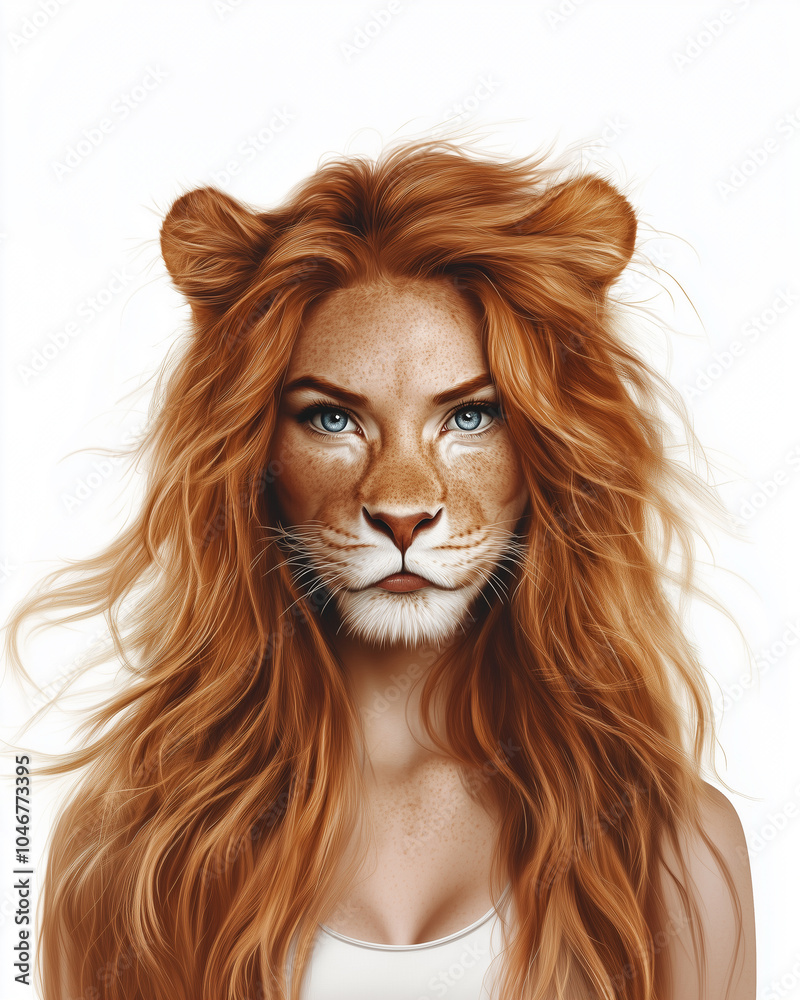 Portrait of a Fitness Woman with a Lion's Head and Blue Eyes Portrait of a Fitness Woman with a Lion's Head and Blue Eyes