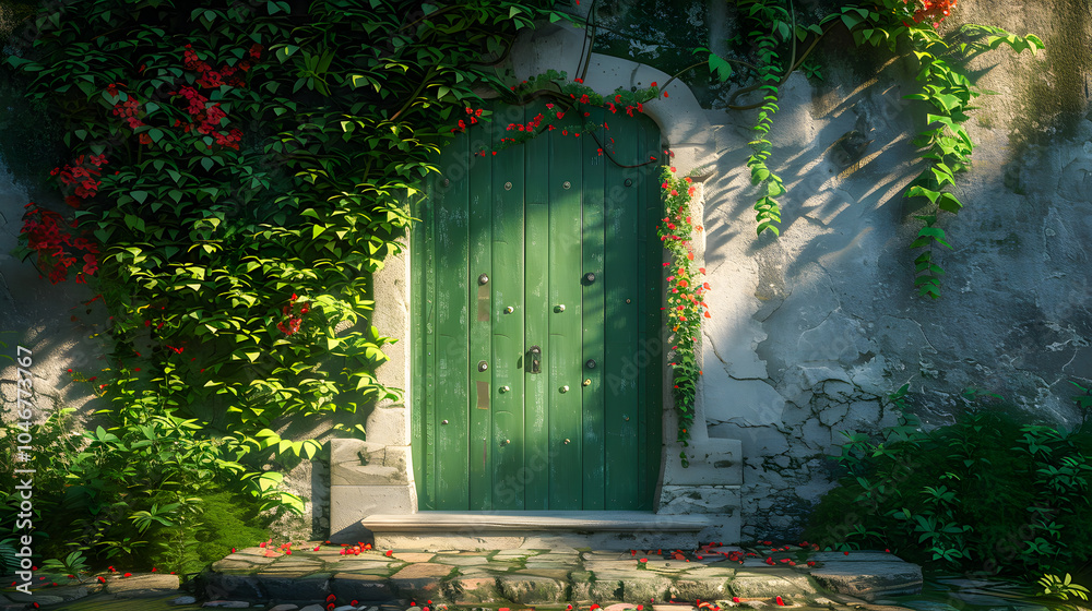 Naklejka premium Natural door with vines leading to a world of fantasies 