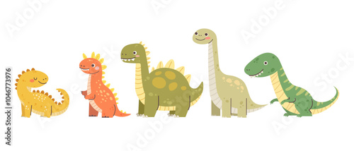 Cute dinosaur babies on white background. Green, yellow and orange dinosaur, isolated ancient reptiles. Vector characters