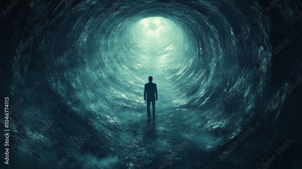 A man is walking through a tunnel in the dark A man is walking through a tunnel in the dark