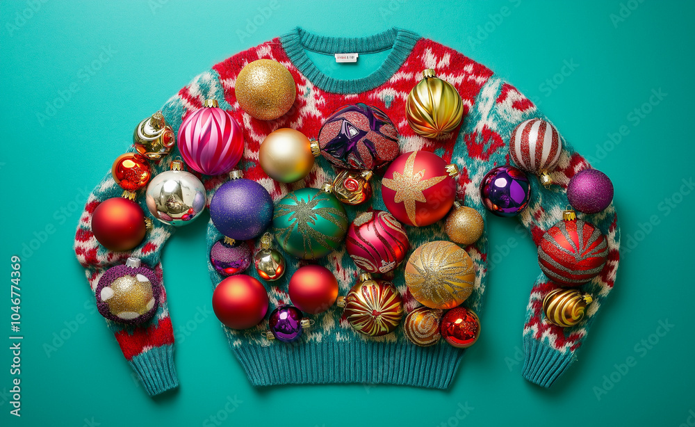 A row of Christmas sweaters with festive patterns hanging on wooden hangers with a garland backdrop. A row of Christmas sweaters with festive patterns hanging on wooden hangers with a garland backdrop.