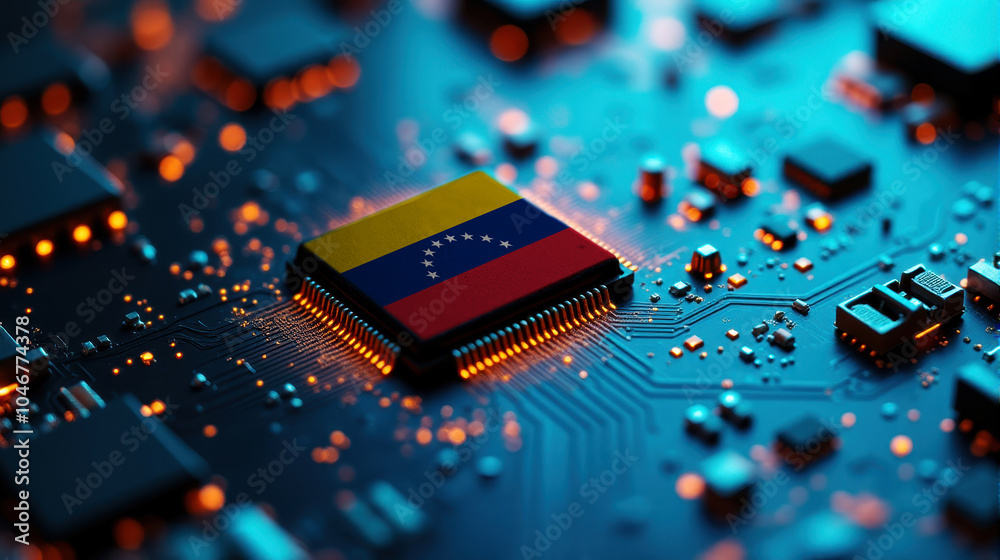 A Venezuela themed chip is placed on a detailed circuit board, with glowing connections that emphasize influence in electronics, computing, and tech innovation. A Venezuela themed chip is placed on a detailed circuit board, with glowing connections that emphasize influence in electronics, computing, and tech innovation.