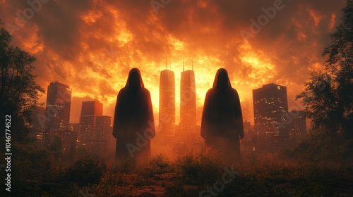 Two people standing in a field with a city in the background