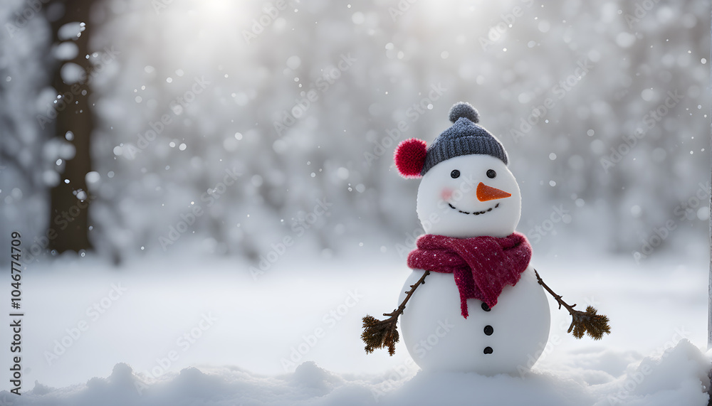 Happy snowman standing outside on a winters day. Concept of winter, snow and childhood. Shallow field. generative ai. Happy snowman standing outside on a winters day. Concept of winter, snow and childhood. Shallow field. generative ai.