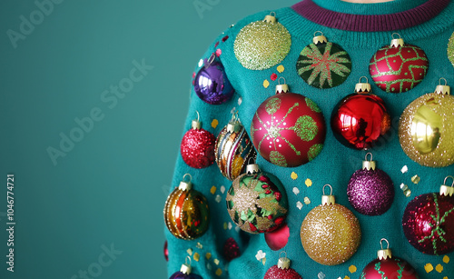 Close-up of a colorful Christmas sweater decorated with various holiday ornaments. photo