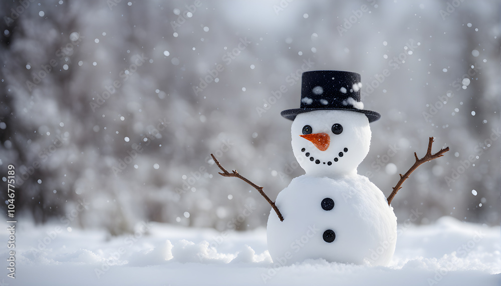 Fototapeta premium Happy snowman standing outside on a winters day. Concept of winter, snow and childhood. Shallow field. generative ai.