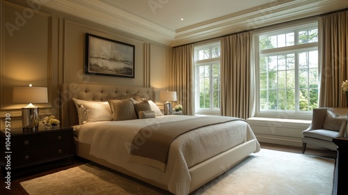 Elegant bedroom with custom millwork and luxurious bedding.