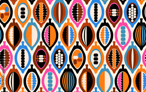 cocoa pods fruits and beans colorful blue pink red brown teal orange black on beige seamless pattern, vector illustration repeat design print