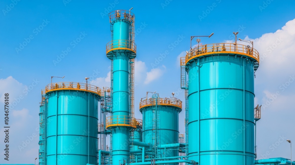 Exploring the industrial landscape a closer look at modern storage tanks under a bright blue sky Exploring the industrial landscape a closer look at modern storage tanks under a bright blue sky