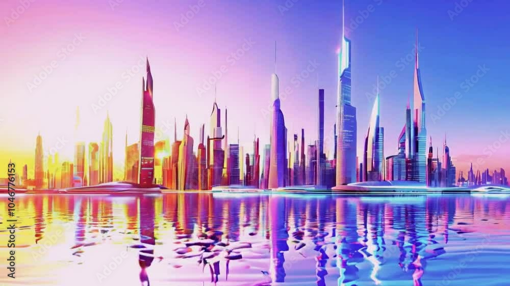 A vibrant city skyline at sunset, reflecting on water, showcasing futuristic architecture. A vibrant city skyline at sunset, reflecting on water, showcasing futuristic architecture.