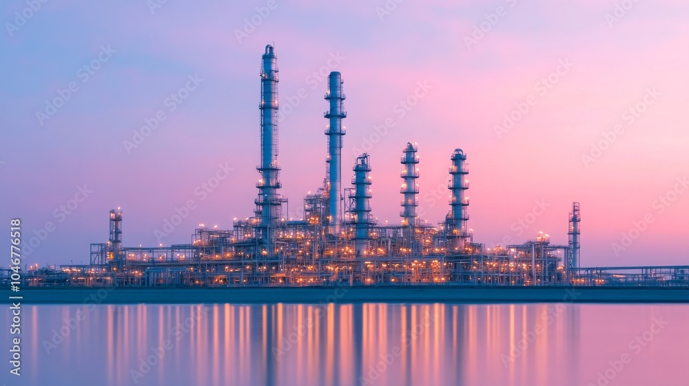 Obraz premium Illuminated oil refinery at dusk a stunning blend of industrial architecture and natural beauty reflecting on water