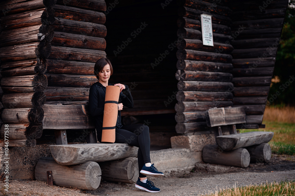 Fototapeta premium Woman relaxing with yoga mat and apple at a wooden cabin