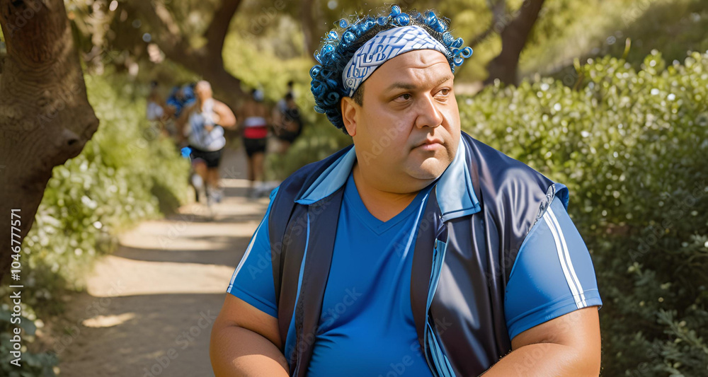 Thoughtful Runner Resting on a Nature Trail in Blue Sportswear - Generative AI. Thoughtful Runner Resting on a Nature Trail in Blue Sportswear - Generative AI.