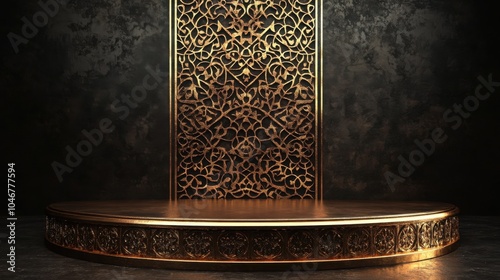 Bronze podium with intricate patterns, set against a rich, dark backdrop.