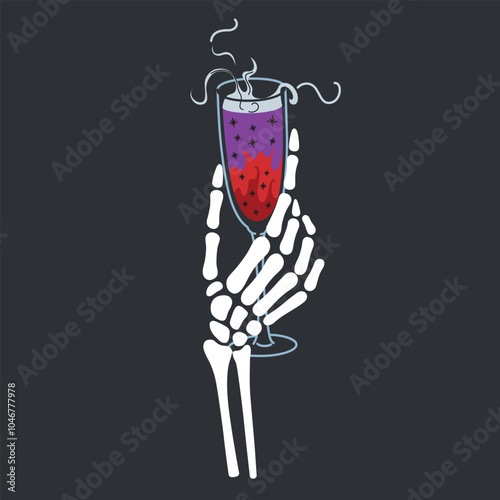 Halloween vector illustration of skeleton hand holding mystical shimmering potion in wine glass, with spooky steam rising, perfect for horror party designs and magical themes. Flat cartoon style