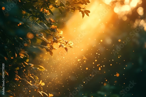 Golden sunlight shining through leaves with particles