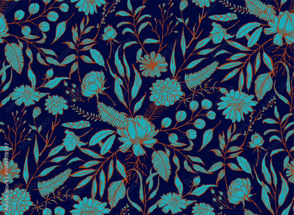 hand drawn floral botanical seamless pattern in aqua teal blue and navy colors hand drawn floral botanical seamless pattern in aqua teal blue and navy colors
