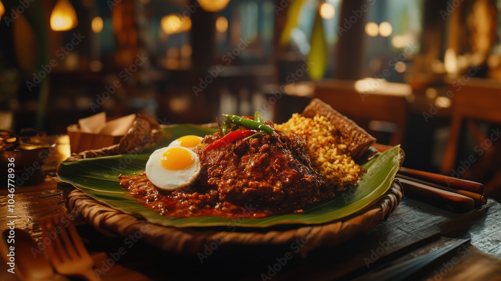 Fried rice with pieces of boiled egg and served traditionally