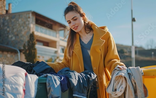 Happy volunteer woman with straight hair in yellow jacket putting old clothes in donation box. Humanitarian aid, sustainability, repurpose, circular economy. Zero waste, charity community help concept photo