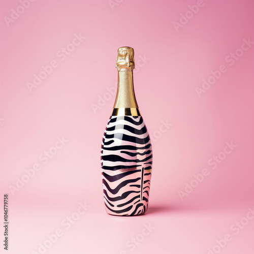 Champagne bottle with zebra etiquette design. Minimal Pastel pink background.