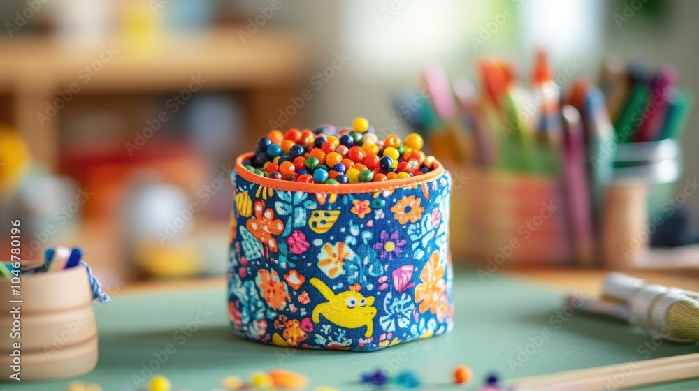 A colorful fabric pouch filled with beads, sitting on a craft table, symbolizing creativity A colorful fabric pouch filled with beads, sitting on a craft table, symbolizing creativity