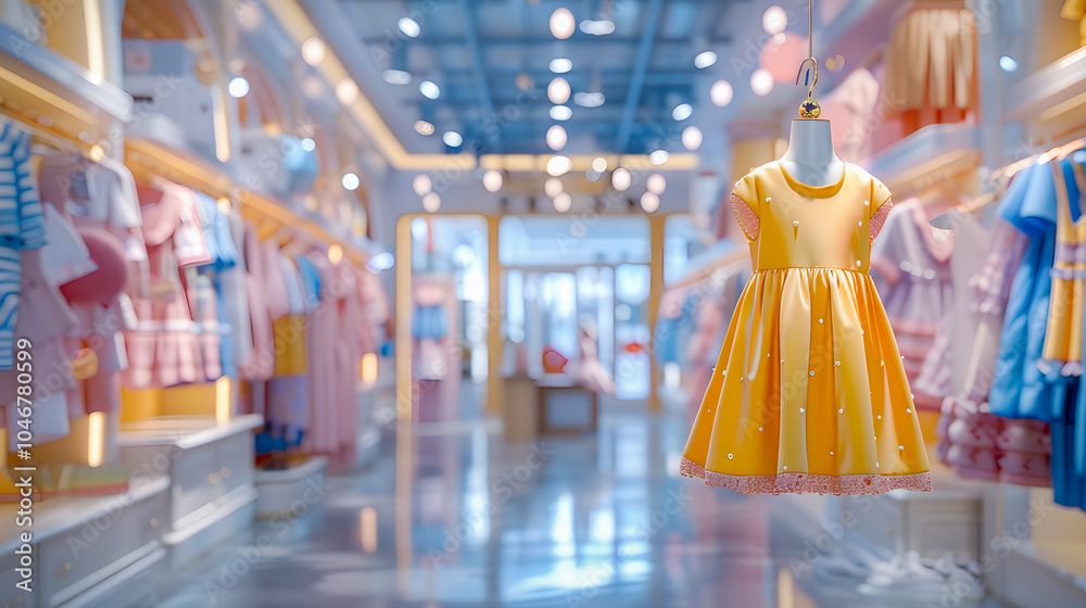 Showcase of a clothing store children's for girls in a modern boutique in a mall, Black Friday sale: dress hanging on a mannequin hanger