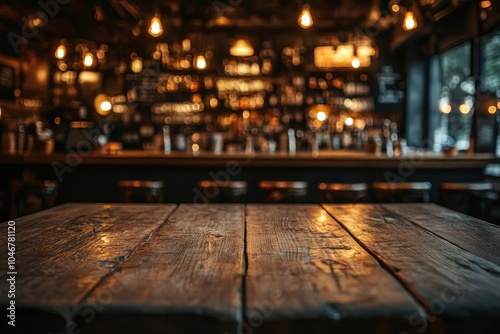 Empty wooden table in front of a bar with a blurred background.