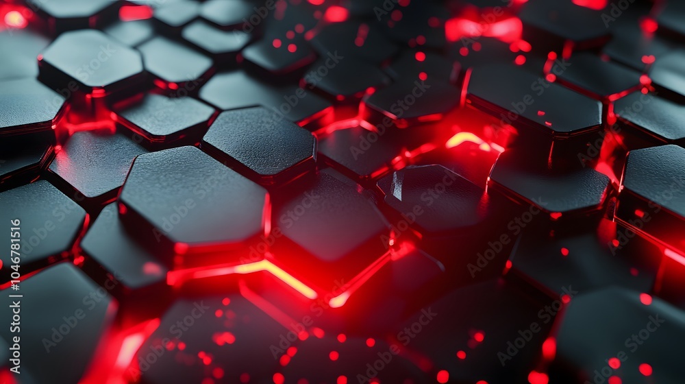 Dark futuristic hexagons background with red glow breaking out, 3d render illustration
Dark futuristic hexagons background with red glow breaking out, 3d render illustration