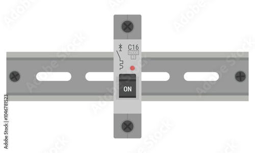 Miniature circuit breaker mounted on a DIN rail. Single pole MCB device for the protection of circuits against overload and short circuit