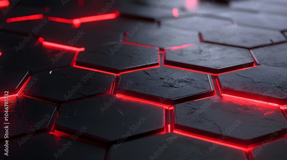 Dark futuristic hexagons background with red glow breaking out, 3d render illustration
Dark futuristic hexagons background with red glow breaking out, 3d render illustration