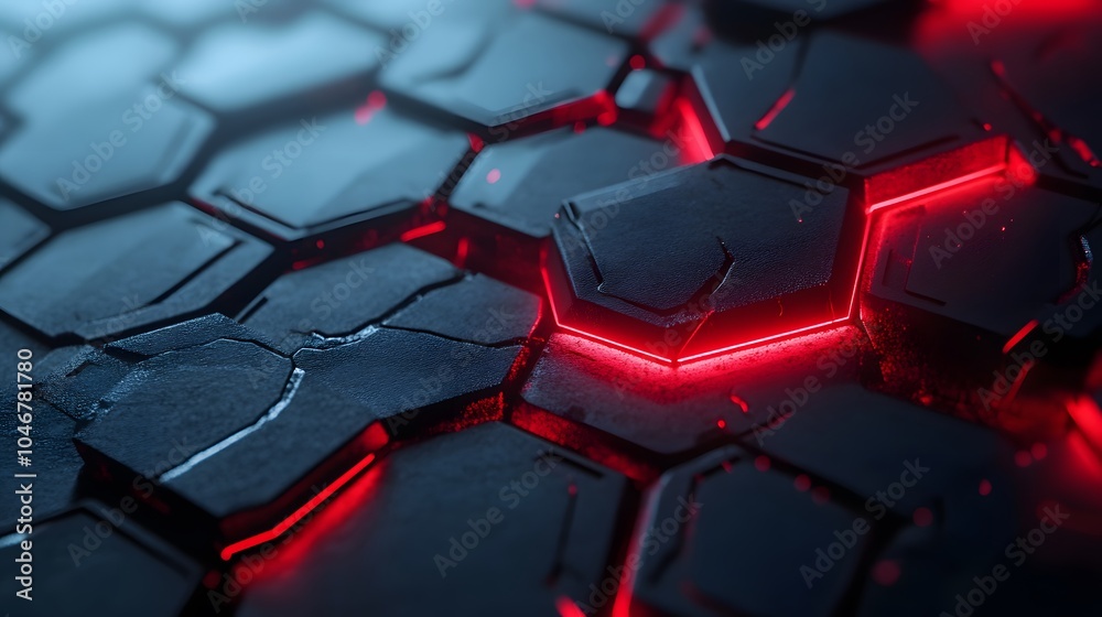 Dark futuristic hexagons background with red glow breaking out, 3d render illustration
Dark futuristic hexagons background with red glow breaking out, 3d render illustration